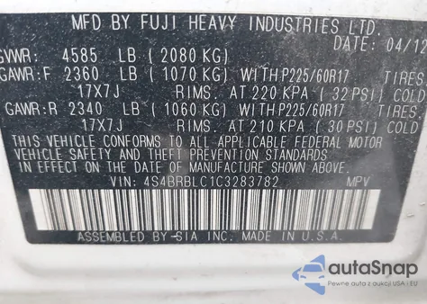 2012 Subaru Outback 2.5I Limited из США, поврежденный, VIN 4S4BRBLC1C3283782